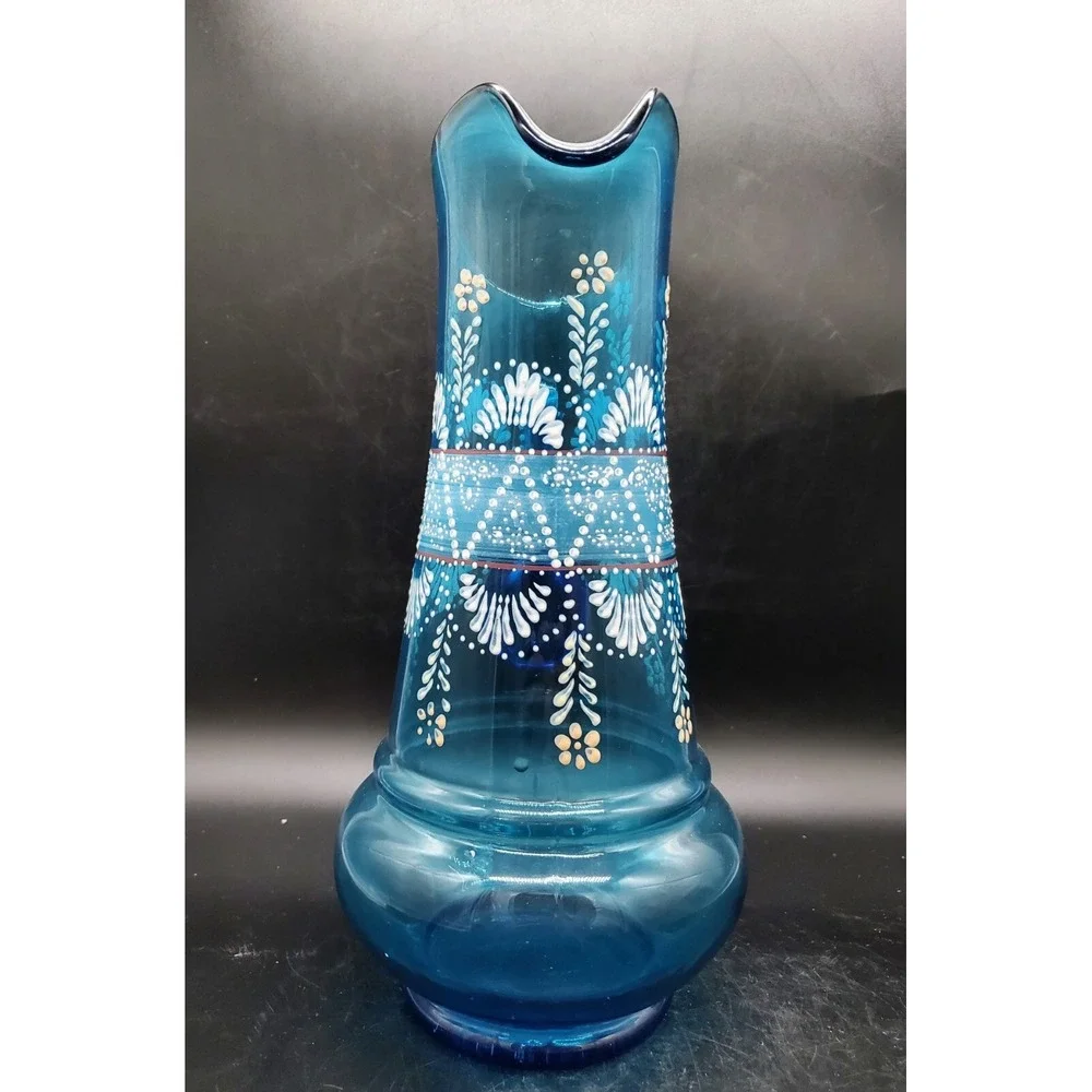 Antique Northwood Glass Hand Painted Enameled Blue Glass Tankard Pitcher 13